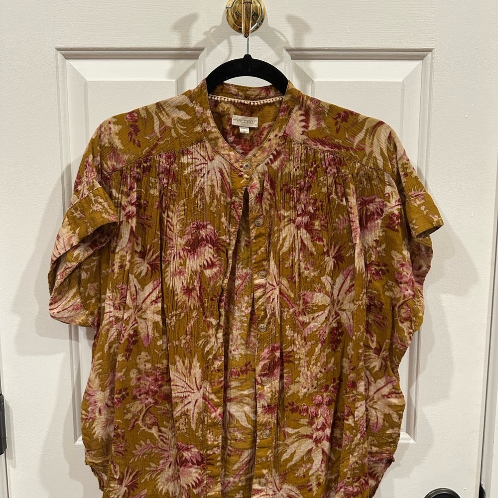 Anthropologie Pilcro Olive and Pink Floral Blouse